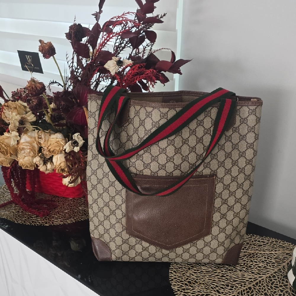Gucci Vintage Sherry Line Beige and Brown Tote Bag